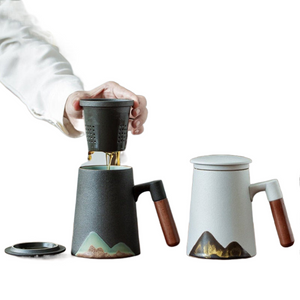 Hand-painted Mug Wooden Handle Tea Cup With Lid Filter 480ml - acacuss