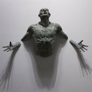Imitation Copper Resin Ornament Abstract Character Wall Art Climbing Man 3D Through Wall Statue Sculpture acacuss