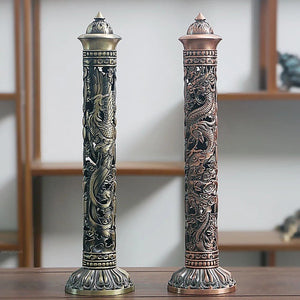 Incense Burner Retro Vertical Relief Craft Hollow Carving Dragon Phoenix Pillar Spice Incense Holder Office Home Accessories acacuss