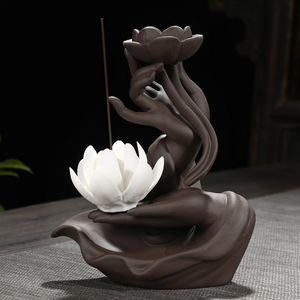 Incense burner holder Led Lamp BackFlow Incense Porch Decoration Ceramic Lamp Ring Bergamot Lotus Heart - acacuss