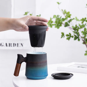 ACACUSS Japanese Ceramic Tea mug Set with Infuser and Lid Handmade Personalization Wooden Handle Filtered Tea Mountain Pottery Tea mug 450ml - ACACUSS