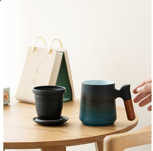 ACACUSS Japanese Ceramic Tea mug Set with Infuser and Lid Handmade Personalization Mountain Pottery Tea mug 450ml - ACACUSS