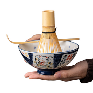 Japanese Lovely Cat Ceramic Matcha Bowl with Bamboo Whisk and Chasen Holder acacuss