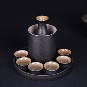 Japanese Style Ceramic Sake Pot Cup Set Black Pottery Liquor Wine Bottle Cups Tray acacuss