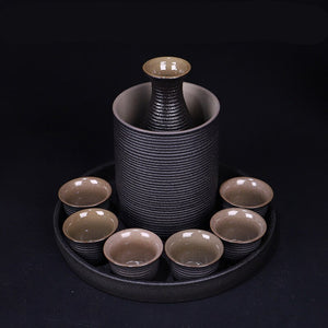 Japanese Style Ceramic Sake Pot Cup Set Black Pottery Liquor Wine Bottle Cups Tray acacuss