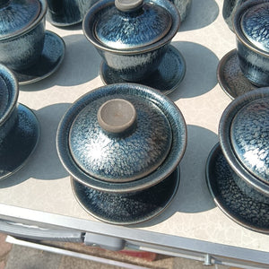 Jian Zhan 170ml Tenmoku Gaiwan Chinese Sancai Tea Cup Flower Bloom Tenmoku Glaze Ceramic Tea Tureen Intangible Cultural Heritage acacuss