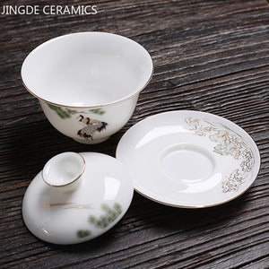 Jingdezhen Ceramic Gaiwan Chinese White Porcelain Teaset Tea Bowl Large Capacity Teacup Saucer Set Home Tea Maker Teaware Gifts acacuss