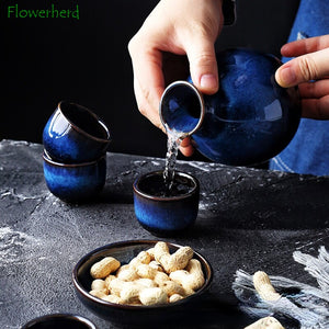 Kiln-to-ceramic Wine Set, Kiln-to-blue, Retro Wine Cup, Household Wine Dispenser, Liquor Jug, Sake Jug, Wine Glass Sake Set acacuss
