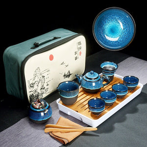 ACACUSS Kung Fu tea set travel bag - Chinese Tea Set Blue Amber Glaze Ceramic Temmoku Glaze Exquisite KungFu Portable Teapot Gaiwan Tea Cups - ACACUSS