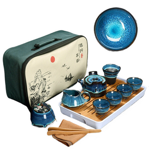 ACACUSS Kung Fu tea set travel bag - Chinese Tea Set Blue Amber Glaze Ceramic Temmoku Glaze Exquisite KungFu Portable Teapot Gaiwan Tea Cups - ACACUSS