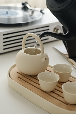 Kungfu Tea Set With Loop Handle Infuser,Warm Matte Cream Glaze,With Bamboo Serving Tray,Birthday/Party Gifts acacuss