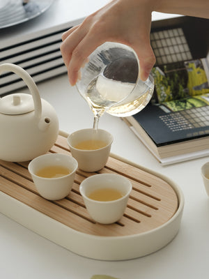 Kungfu Tea Set With Loop Handle Infuser,Warm Matte Cream Glaze,With Bamboo Serving Tray,Birthday/Party Gifts acacuss