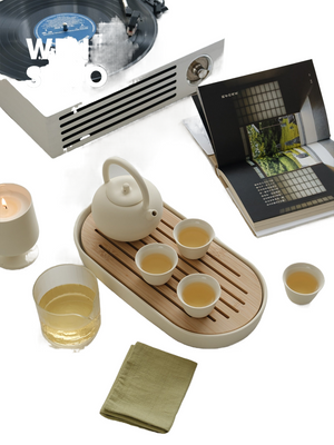 Kungfu Tea Set With Loop Handle Infuser,Warm Matte Cream Glaze,With Bamboo Serving Tray,Birthday/Party Gifts acacuss
