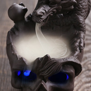 LED Dragon Statue Backflow Incense Burner Halloween Skull Decoration Ornament Smoke Fountain Waterfall Incense Holder Home Decor acacuss