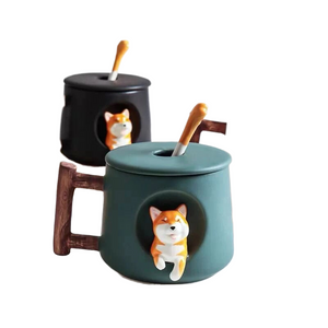 ACACUSS Large Coffee Mug great for coffee lover gift SHIBA INU Mug- Ceramic Mug With lid and spoon - dog coffee mug personalized - ACACUSS