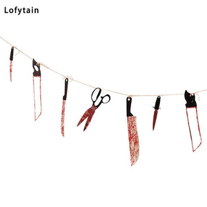 Lofytain 12pcs/lot Halloween Plastic Blood Knife Tools Sets Horror Spooky Haunted House Hanging Knife Garland Banner acacuss