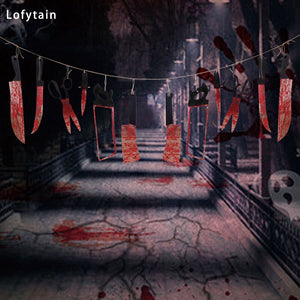 Lofytain 12pcs/lot Halloween Plastic Blood Knife Tools Sets Horror Spooky Haunted House Hanging Knife Garland Banner acacuss