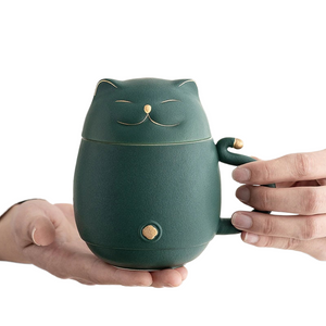 ACACUSS Lucky Cat Ceramic Tea Cup with Infuser I Cute Cat Tea Mug Lid I Coffee Mug Milk Tea Cups Drinkware I Unique Design Home office Gift - ACACUSS