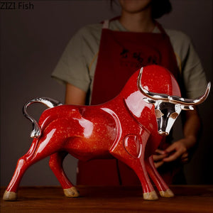 Modern Figurines Red and Black Bull Sculpture Resin Simulation Animal Statue Living Room Bookcase Crafts Accessories Home Decor acacuss