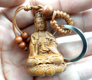 Natural wood mahogany three-dimensional engraving Guanyin barrel keychain Buddha key ring jewelry gift for men and women 1pc acacuss