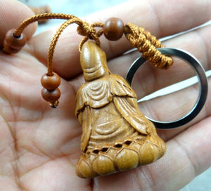 Natural wood mahogany three-dimensional engraving Guanyin barrel keychain Buddha key ring jewelry gift for men and women 1pc acacuss
