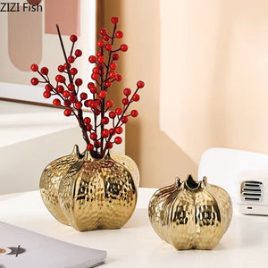 Pomegranate Shape Gold-plated Ceramic Vase Artificial Flowers Decorative Flower Arrangement Desk Decoration Crafts Floral Vases acacuss