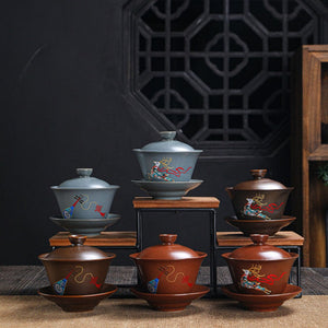 Retro Ceramic Gaiwan Wood-fired Ancient Pottery Tea Bowl Pipa Deer Pattern Tea Cup Kungfu Teaware Kitchen Drinking Tool 190ml acacuss