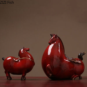 Retro Red Horse Porcelain Statue Desk Ornaments Horse Ceramic Sculpture Living Room Decoration Crafts Vintage Home Decor acacuss