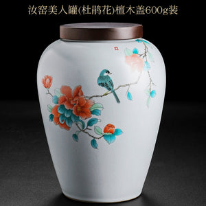 Rhododendron Bird Ceramic Tea Caddy Metal/wood Cover Sealed Jar Storage Tank Tea Container Food Storage Box Decoration Candy Jar acacuss