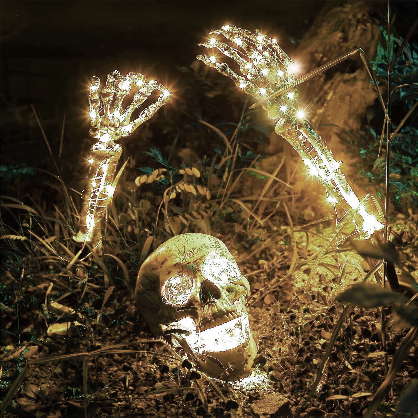 Halloween-LED-Skelett-Pfahl-Dekoration, gruselige Skelette mit Lichtern, Groundbreaker, Hof, Friedhof, Dekoration, realistischer gruseliger Totenkopf