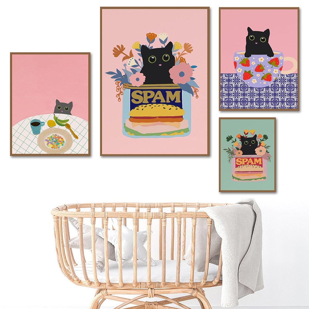 Koreanisches Essen Straße Kimchee Poster Druck Moderne schwarze Katze Picknick Küche Wand Kunst Leinwand Malerei Dekor Zuhause Ostern Kinderzimmer