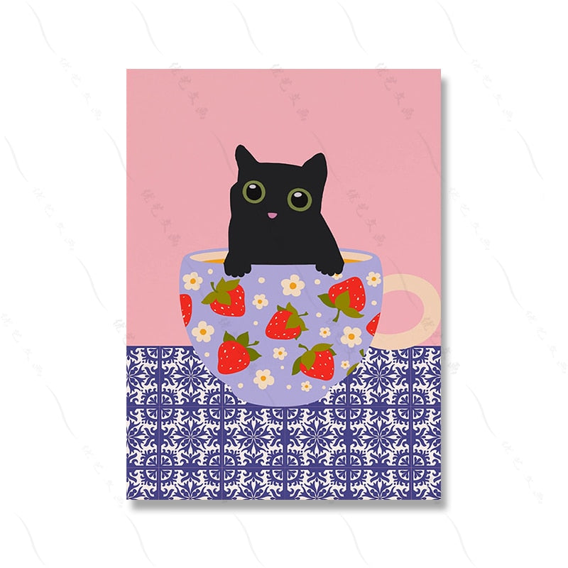 Koreanisches Essen Straße Kimchee Poster Druck Moderne schwarze Katze Picknick Küche Wand Kunst Leinwand Malerei Dekor Zuhause Ostern Kinderzimmer
