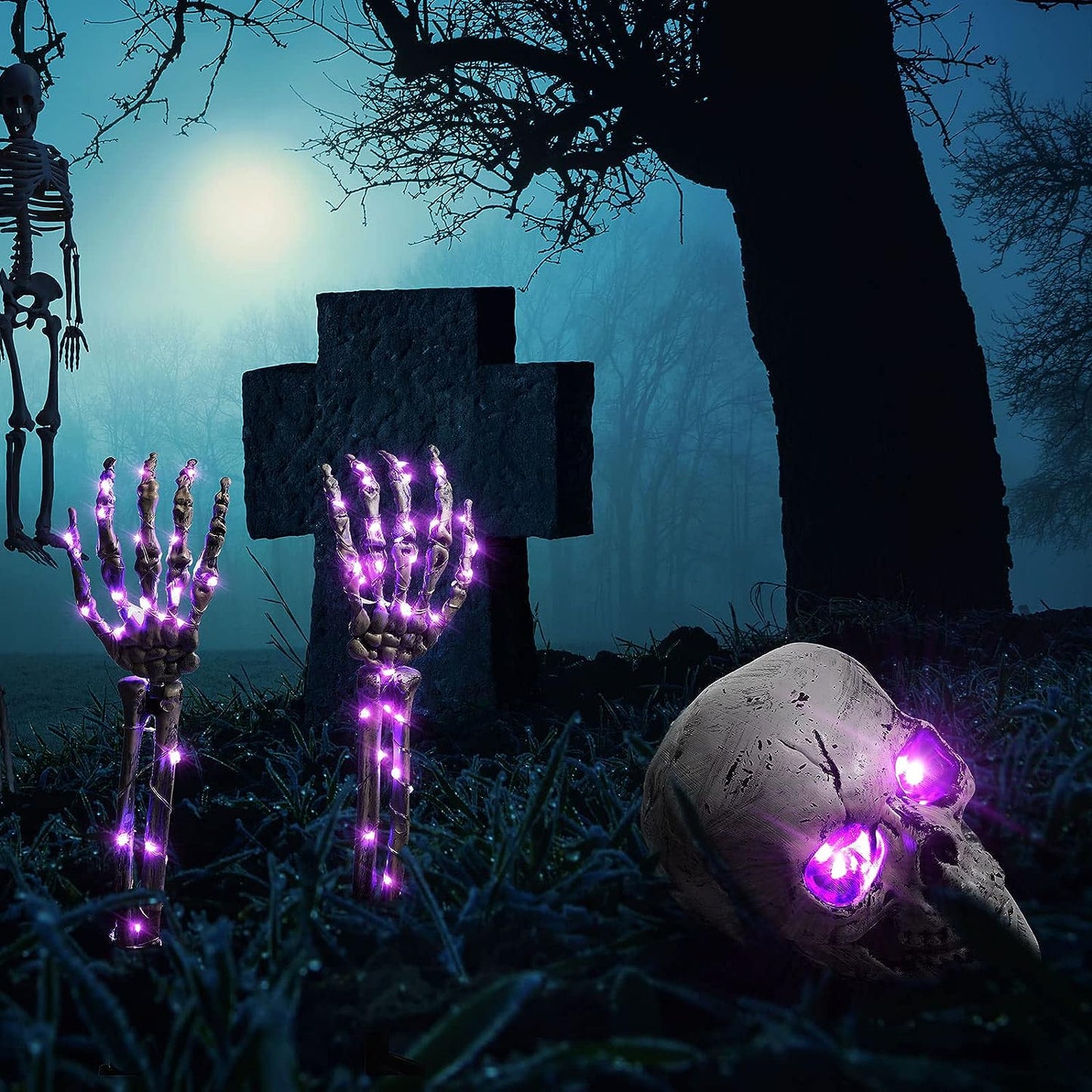 Halloween-LED-Skelett-Pfahl-Dekoration, gruselige Skelette mit Lichtern, Groundbreaker, Hof, Friedhof, Dekoration, realistischer gruseliger Totenkopf