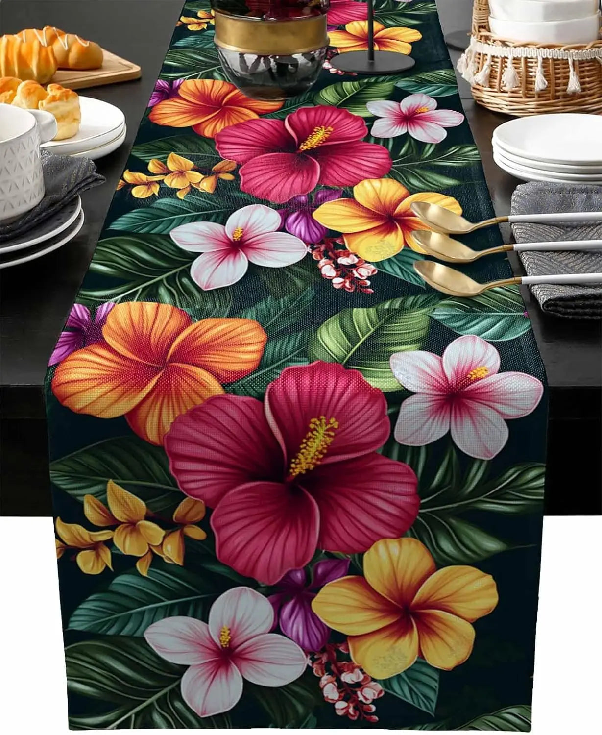 Spring Colorful Wildflower Green Leaf Linen Table Runner Dresser Scarf –  acacuss