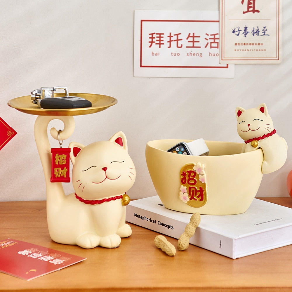 Moderne Heimdekoration, Glückskatzen-Tablett, kreative Raumdekoration, Maneki-Neko-Skulptur und Figuren, Innenkunst, Skulpturenhandwerk