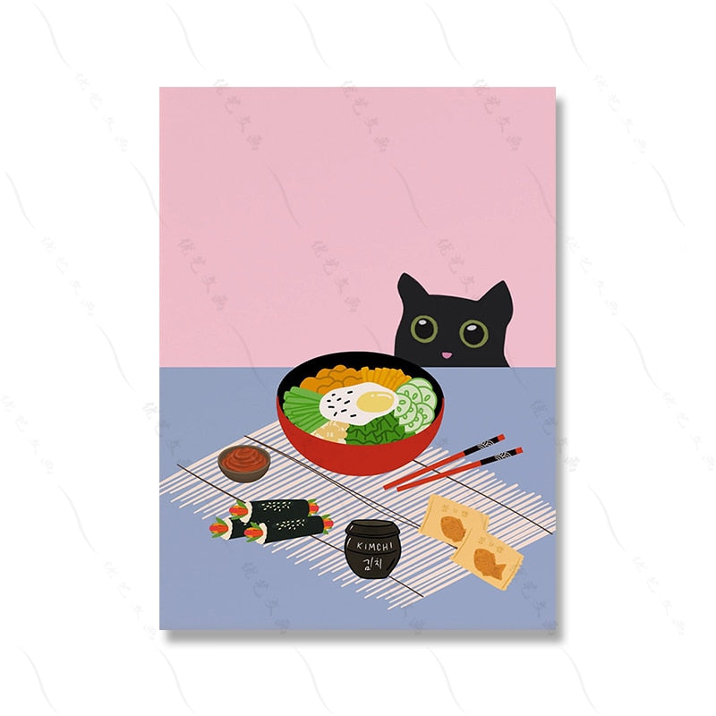 Koreanisches Essen Straße Kimchee Poster Druck Moderne schwarze Katze Picknick Küche Wand Kunst Leinwand Malerei Dekor Zuhause Ostern Kinderzimmer