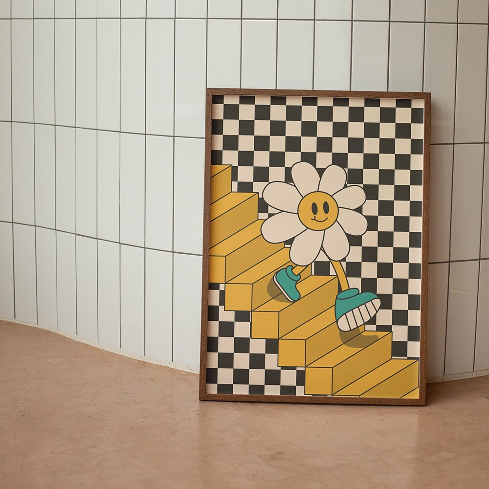 Lachende lächelnde Blumen Cartoon Poster Retro Groovy 70er Jahre Stil Wandkunst Bilder trendige Hippie Leinwand Malerei Wohnzimmer Dekor