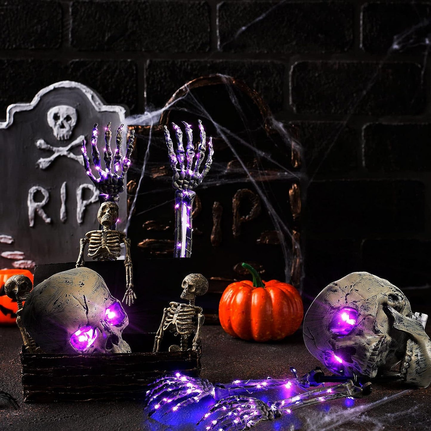 Halloween-LED-Skelett-Pfahl-Dekoration, gruselige Skelette mit Lichtern, Groundbreaker, Hof, Friedhof, Dekoration, realistischer gruseliger Totenkopf