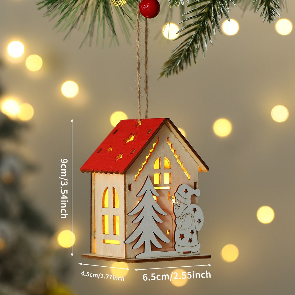 Neues Weihnachts-Holzhaus mit Anhänger, Schneemann, Elch, Weihnachtsmann, Bärenhaus, Beleuchtung, leuchtende Blockhütte, Weihnachtsdekoration