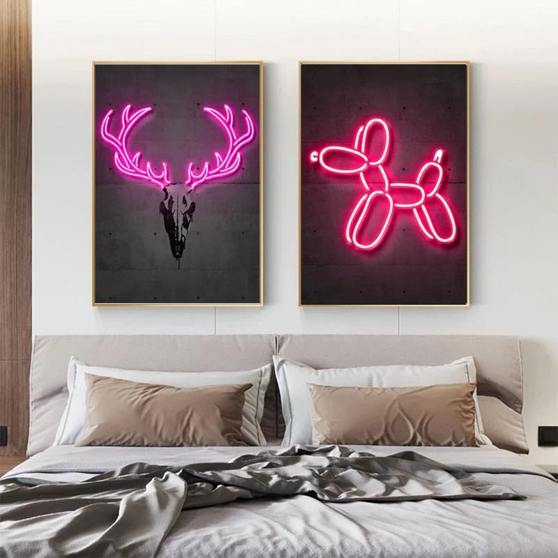 Neon Wandkunst Dekoration Malerei Ballon Hund Zebra Bull Hirsch Leinwand Malerei Tier Graffiti Poster für Bar Kinderzimmer Zimmer Dekor