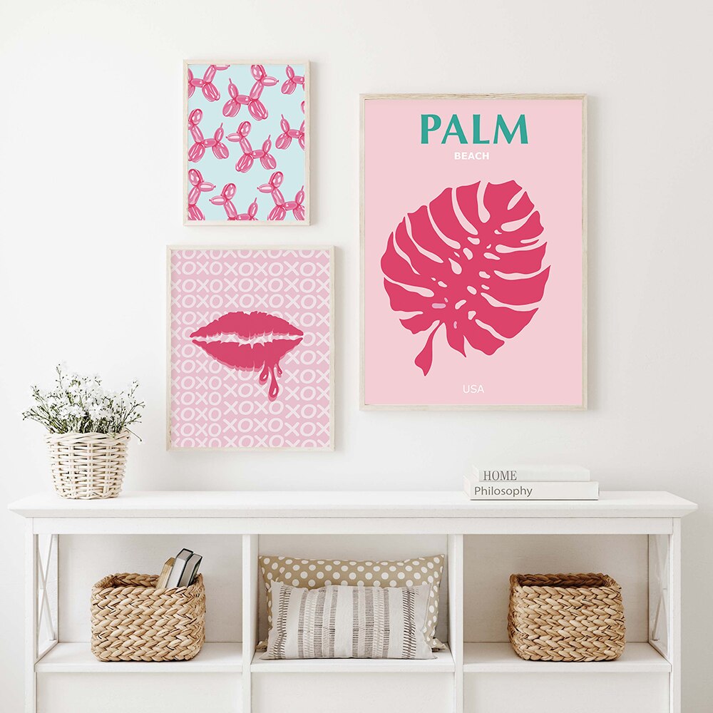 Rosa Preppy-Wandkunst, Mädchen-Bettzimmer-Dekoration, Pink-Leinwandgemälde, Wohnheim-Preppy-Poster, nordische Funky-Heimdekoration