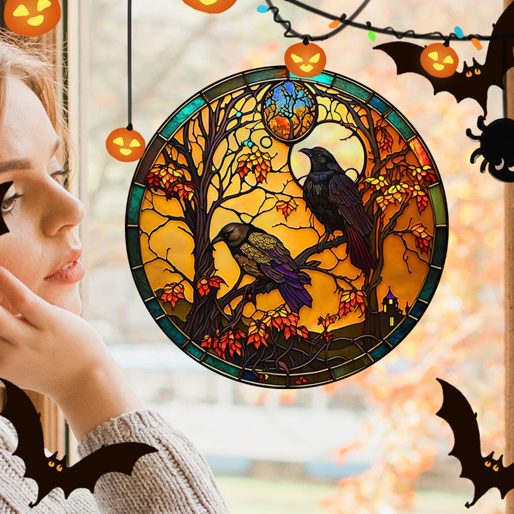 Halloween-Aufkleber, bunt, Horror-Schloss, Katze, statische PVC-Fensterglas-Aufkleber, kleberfrei, dekorative Folie, Party-Heimdekoration