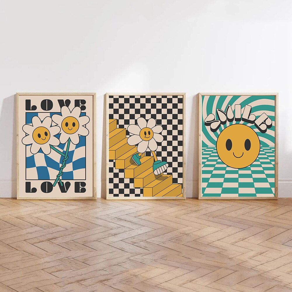 Lachende lächelnde Blumen Cartoon Poster Retro Groovy 70er Jahre Stil Wandkunst Bilder trendige Hippie Leinwand Malerei Wohnzimmer Dekor