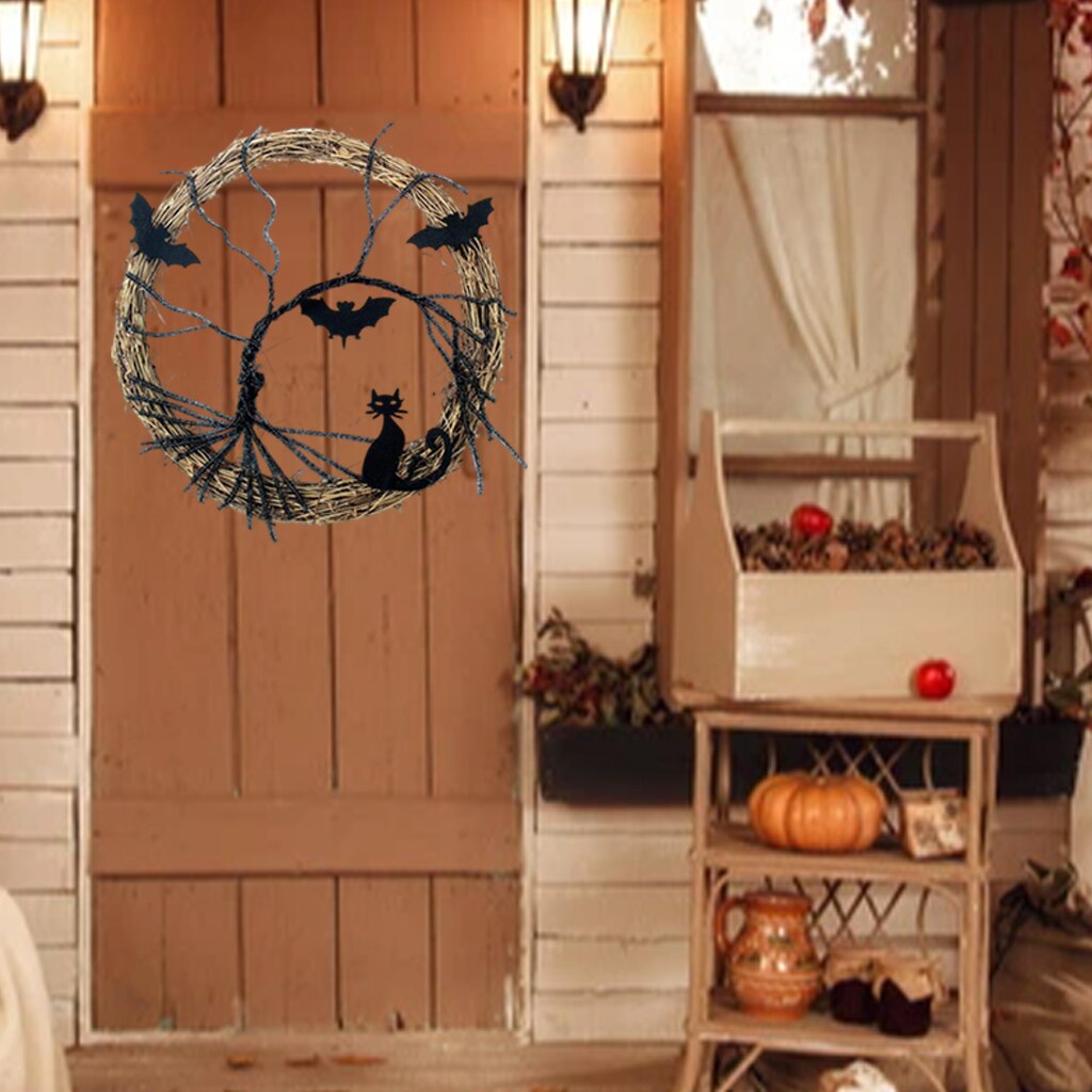 Couronne d'Halloween, accessoire lumineux, ornements, chat chauve-souris noir, couronne de fête effrayante avec guirlande lumineuse pour mur de porte d'entrée
