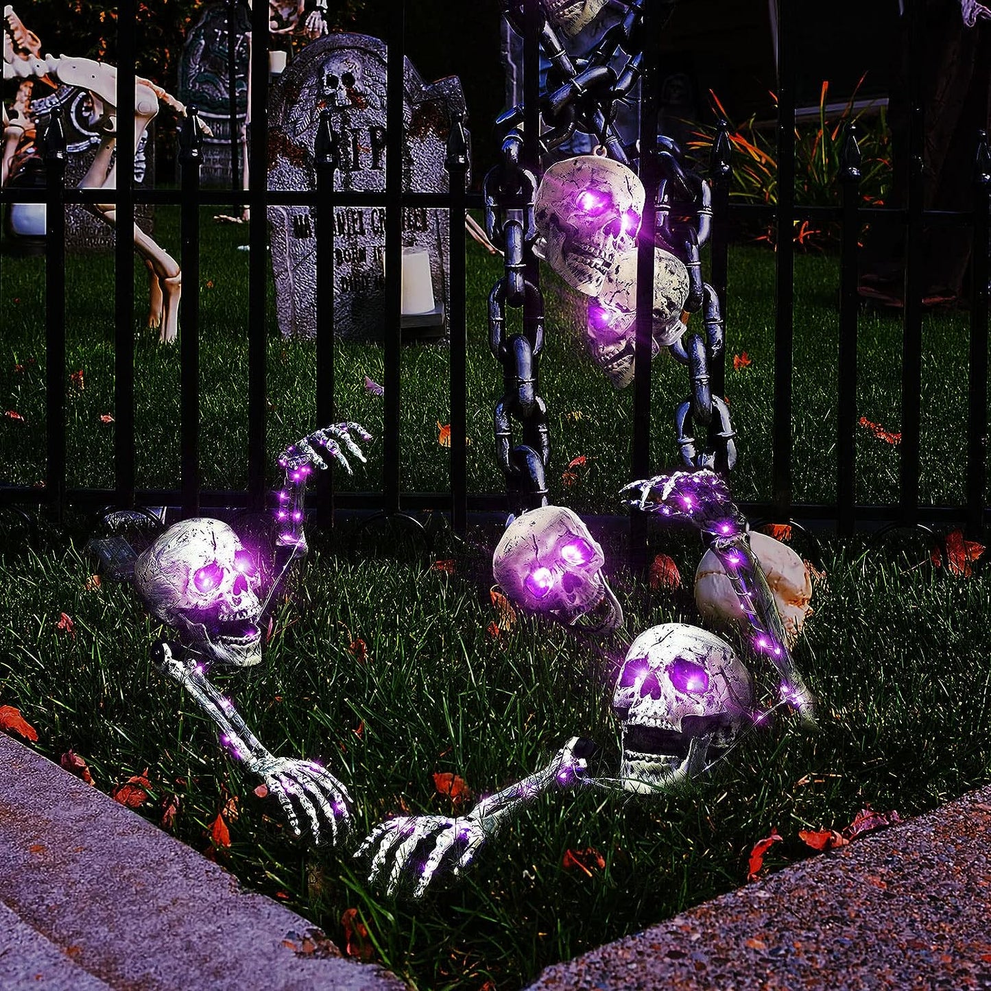 Halloween-LED-Skelett-Pfahl-Dekoration, gruselige Skelette mit Lichtern, Groundbreaker, Hof, Friedhof, Dekoration, realistischer gruseliger Totenkopf