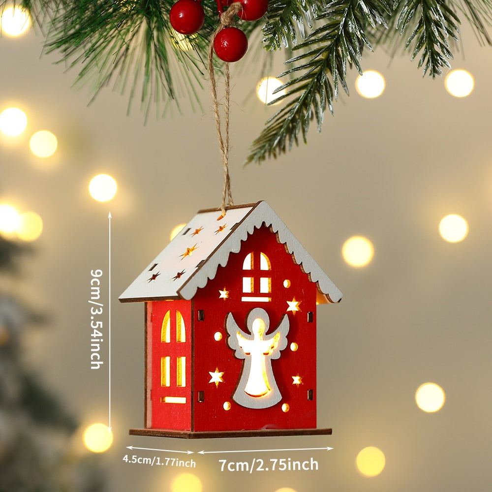 Neues Weihnachts-Holzhaus mit Anhänger, Schneemann, Elch, Weihnachtsmann, Bärenhaus, Beleuchtung, leuchtende Blockhütte, Weihnachtsdekoration