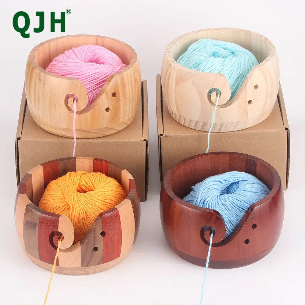 QJH Wooden Yarn Bowl Knitting Yarn Bowls with Holes Crochet Bowl