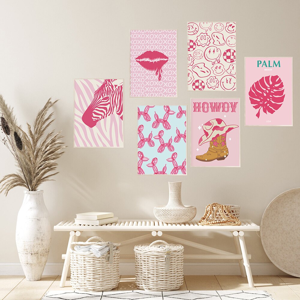 Rosa Preppy-Wandkunst, Mädchen-Bettzimmer-Dekoration, Pink-Leinwandgemälde, Wohnheim-Preppy-Poster, nordische Funky-Heimdekoration