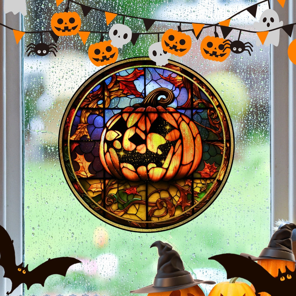 Halloween-Aufkleber, bunt, Horror-Schloss, Katze, statische PVC-Fensterglas-Aufkleber, kleberfrei, dekorative Folie, Party-Heimdekoration