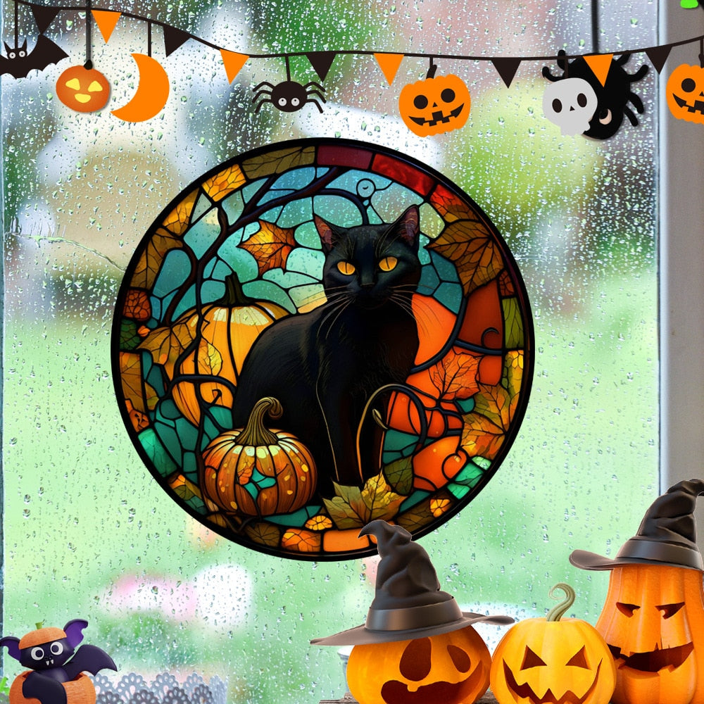 Halloween-Aufkleber, bunt, Horror-Schloss, Katze, statische PVC-Fensterglas-Aufkleber, kleberfrei, dekorative Folie, Party-Heimdekoration